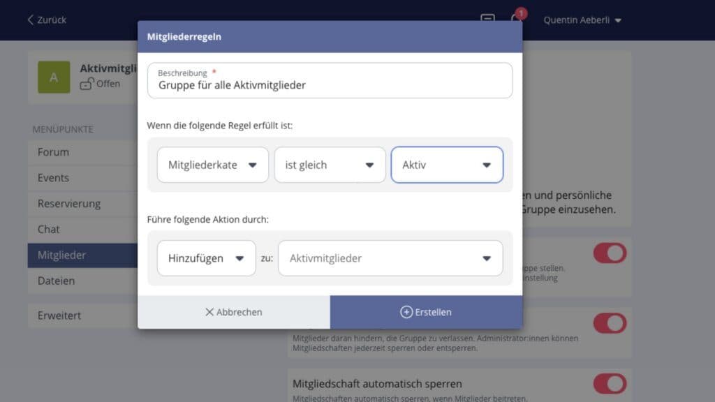 Screenshot der neuen Funktion: Die Mitgliederregel.