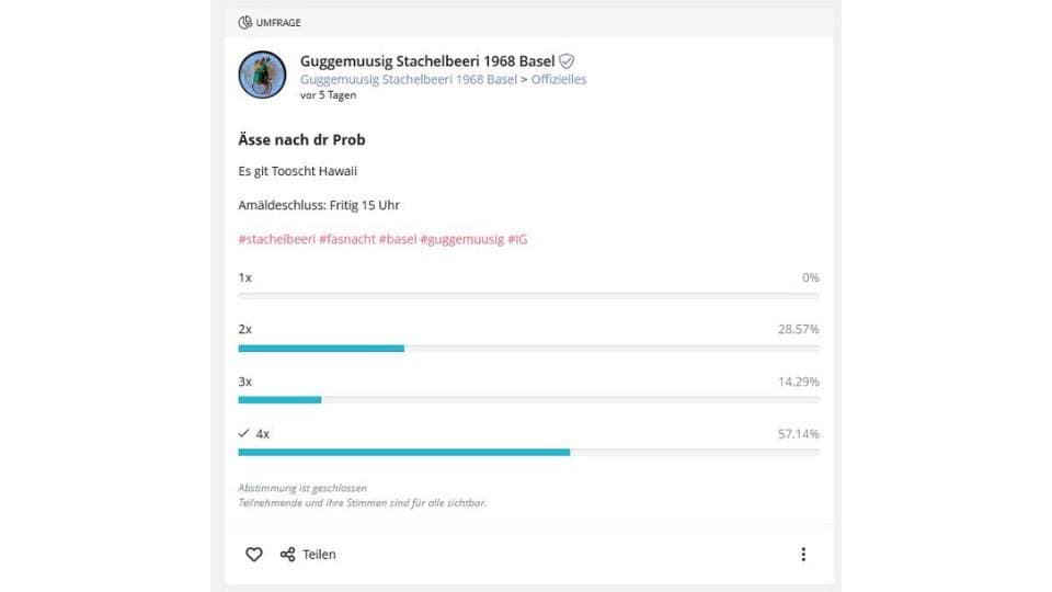 Bei Proben im Vereinslokal organisiert der Guggenmajor Umfragen, um zu sehen, wer zum Essen bleibt. Die Mitglieder antworten schnell und unkompliziert, was die Planung erleichtert. Auch Events werden direkt in beUnity erstellt, mit Zeit, Ort und Einladung, sodass alle Mitglieder sofort Bescheid wissen und zusagen können.