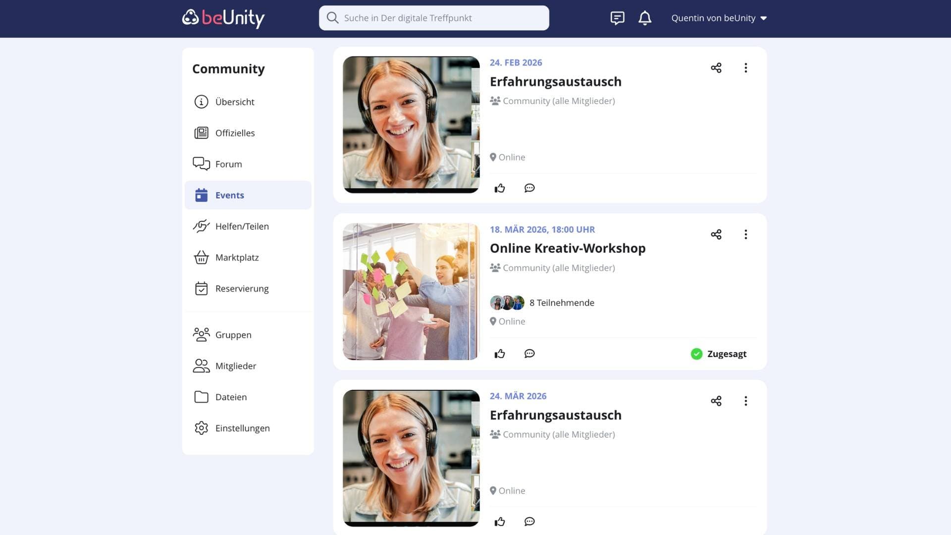 Screenshot der Event-Übersicht auf der beUnity-Plattform