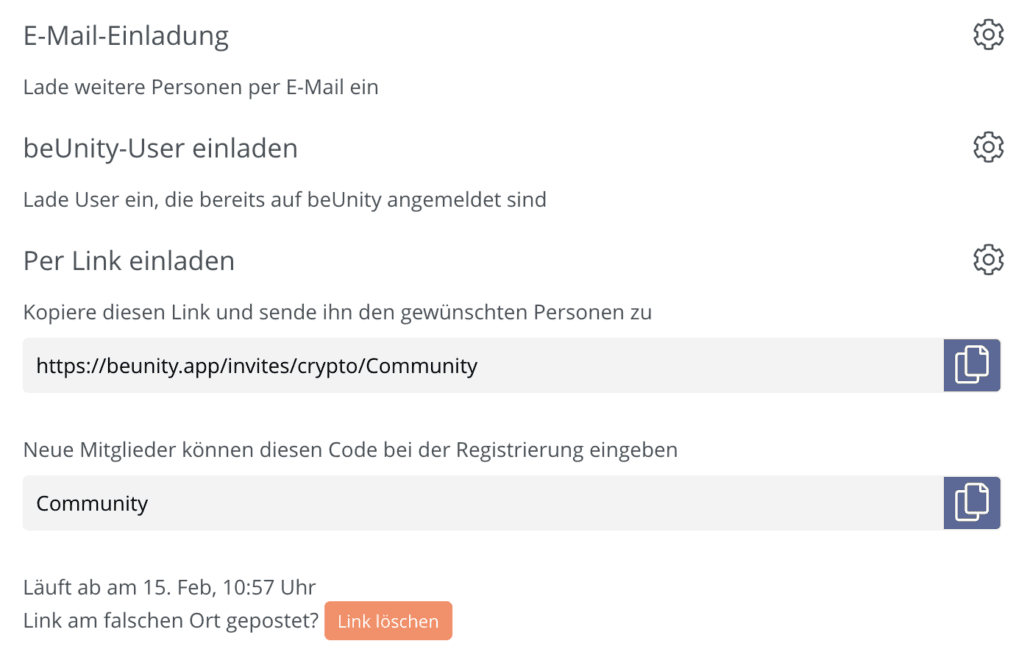 Die Erstellung eines Einladungslinks.