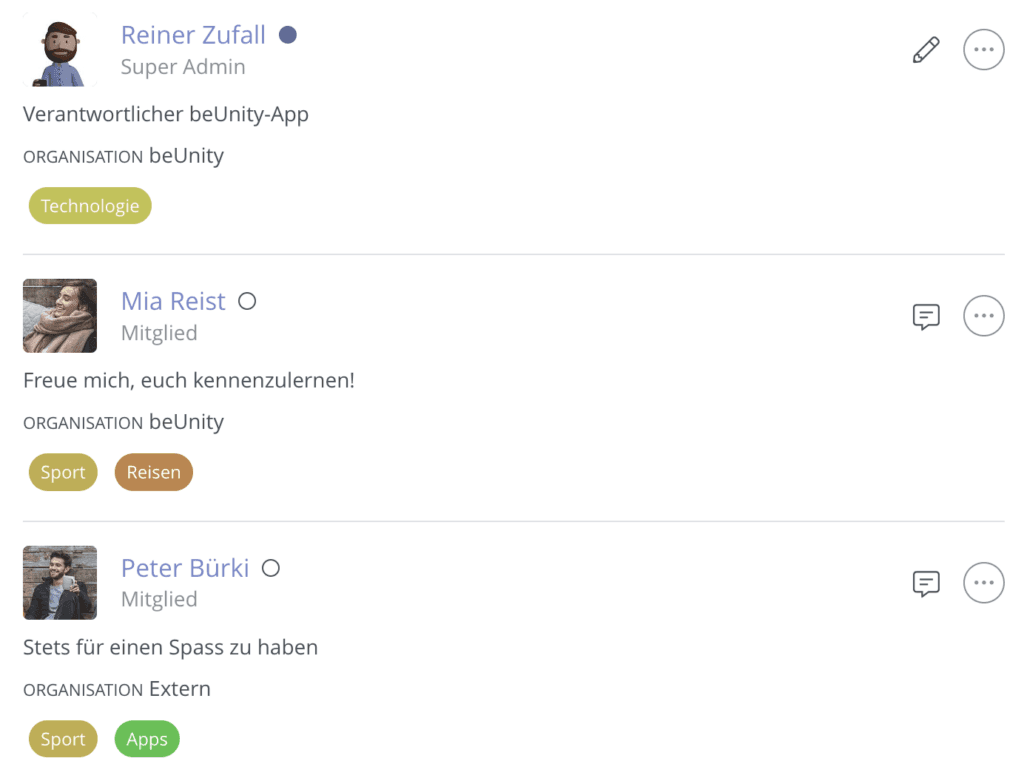 Die Mitgliederübersicht auf beUnity.