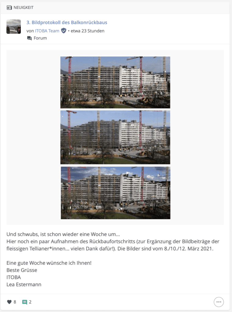 Auf beUnity wird ein Bild des Balkonabrisses mit den Bewohner*innen geteilt