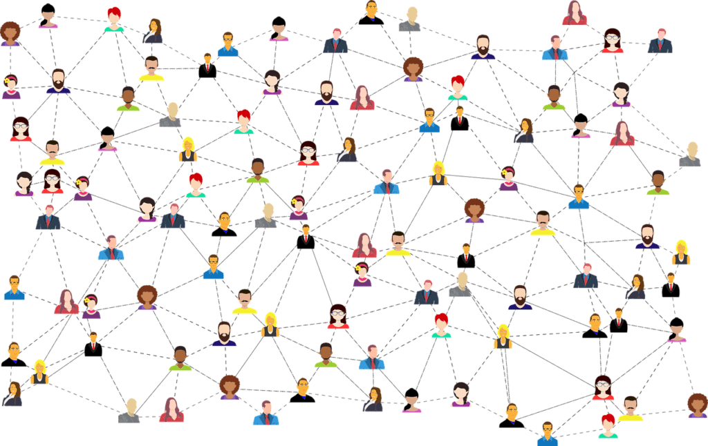 Auf der Illustration sind verschiedene Personen zu sehen, welche mit Linien miteinander vernetzt sind.