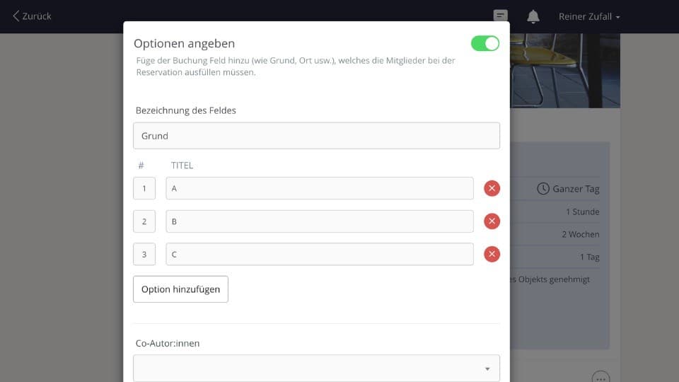 So fügst du beim Reservationsobjekt einen Grund hinzu.