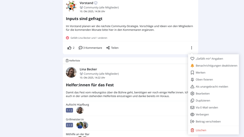 Screenshot des Beitragmenüs auf beUnity.
