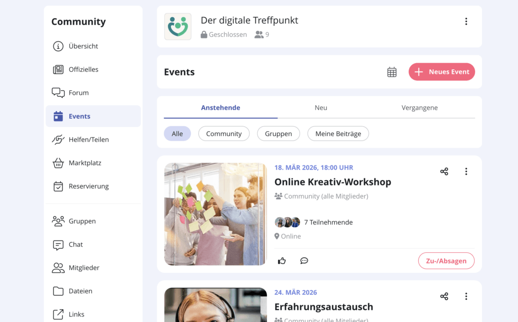 Screenshot der Event-Übersicht auf beUnity.