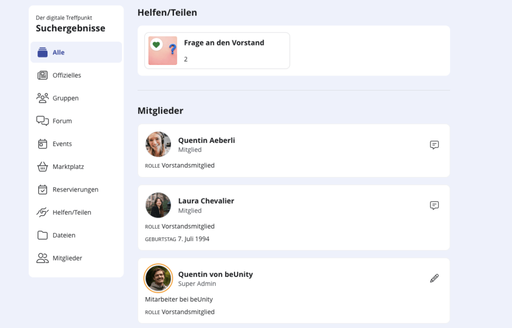 Screenshot der Suche auf beUnity