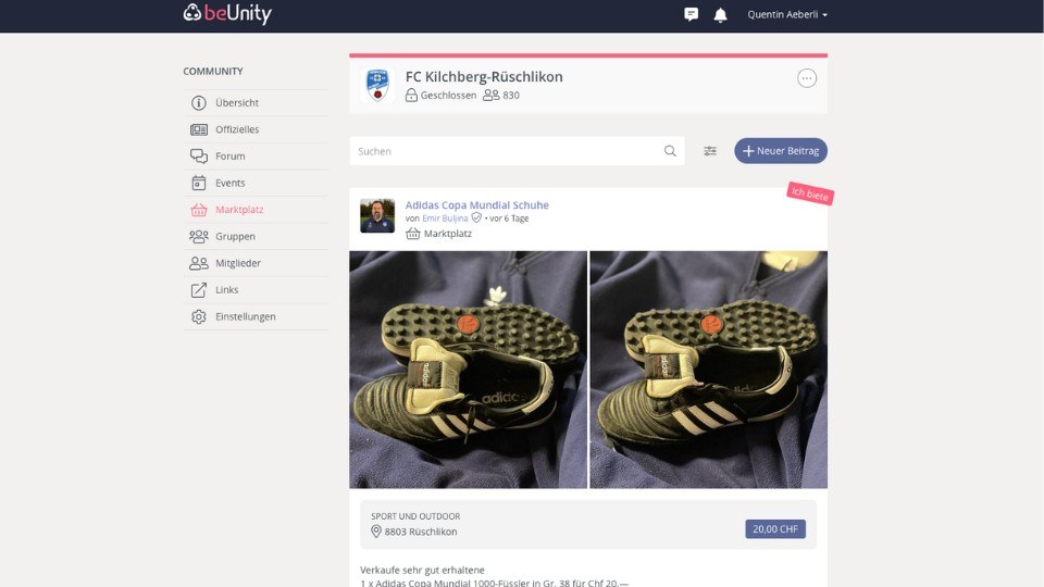 Ein User verkauft auf der beUnity-Plattform seine nicht mehr gebrauchten Fussballschuhe.