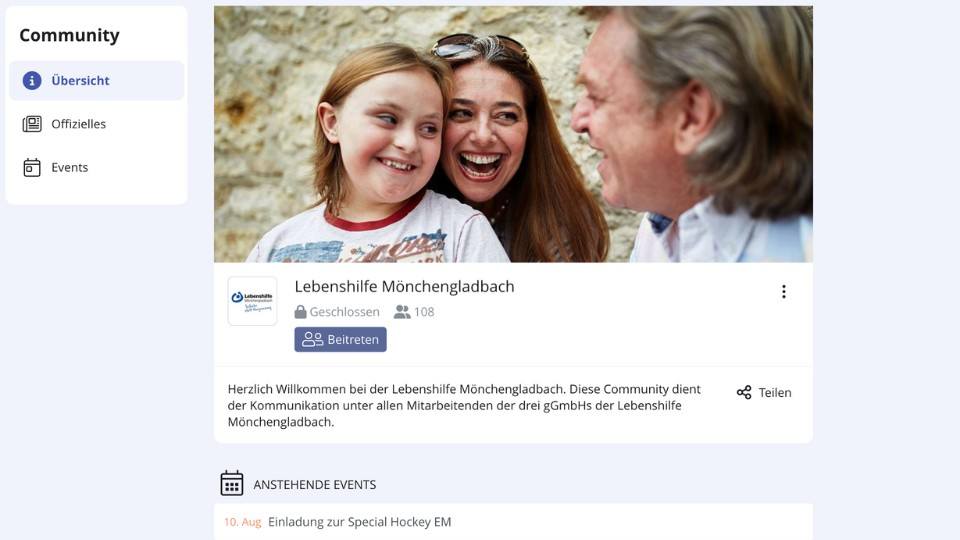 Die Startseite der Community der Lebenshilfe Mönchengladbach.