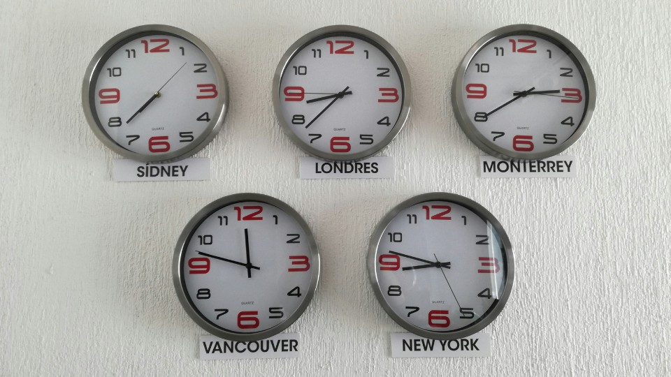 Auf dem Bild sind mehrere Uhren in verschiedenen Zeitzonen zu sehen.