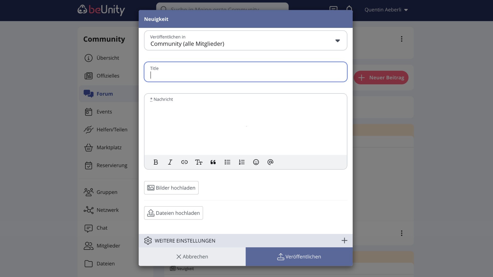 Screenshot eines Eingabefelds auf der beUnity-Plattform