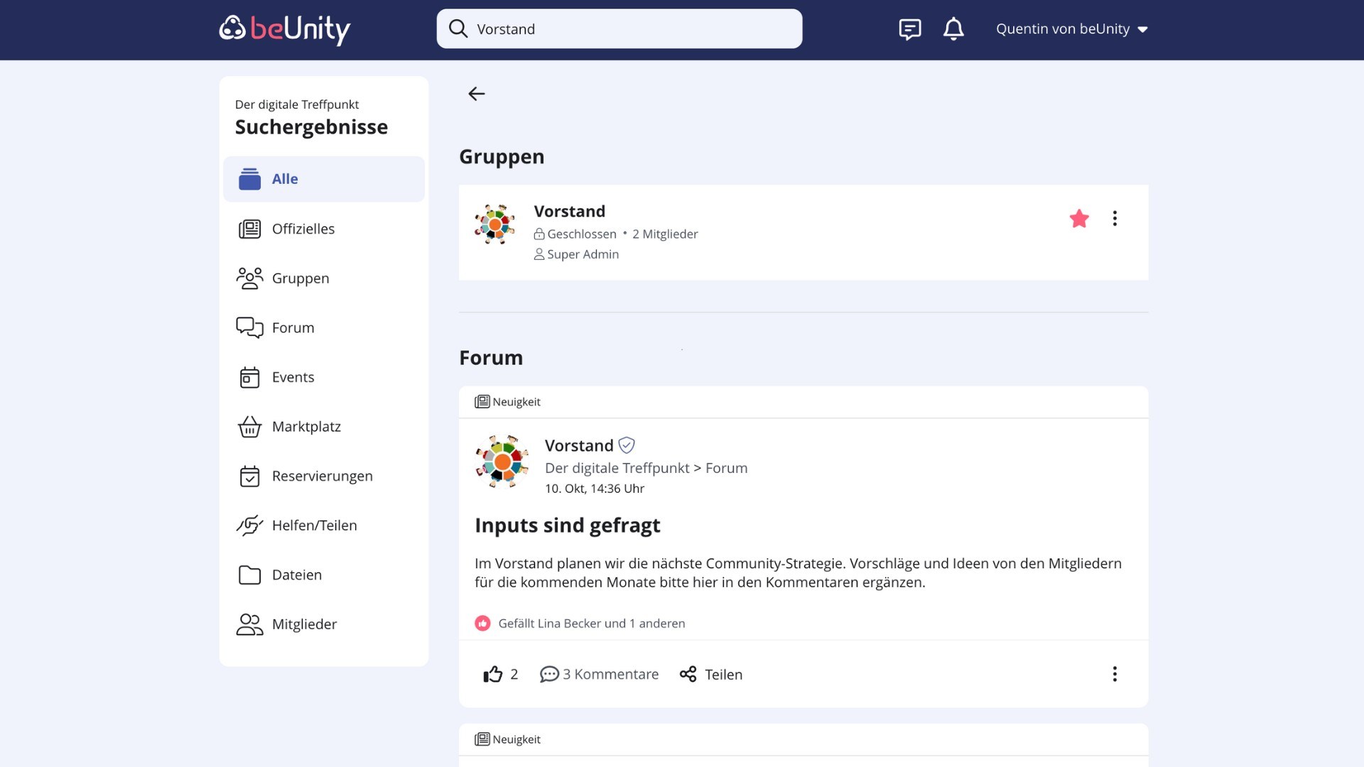 Screenshot der Volltext-Suche auf der beUnity-Plattform